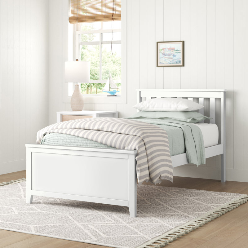 Solid Wood Platform Bed with Slat Headboard , White, Twin