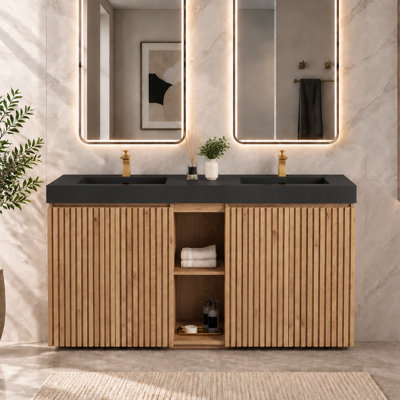 Meuble-lavabo autoportant à double cuve 60 po avec portes cannelées en noyer et dessus de lavabo intégré Lumene