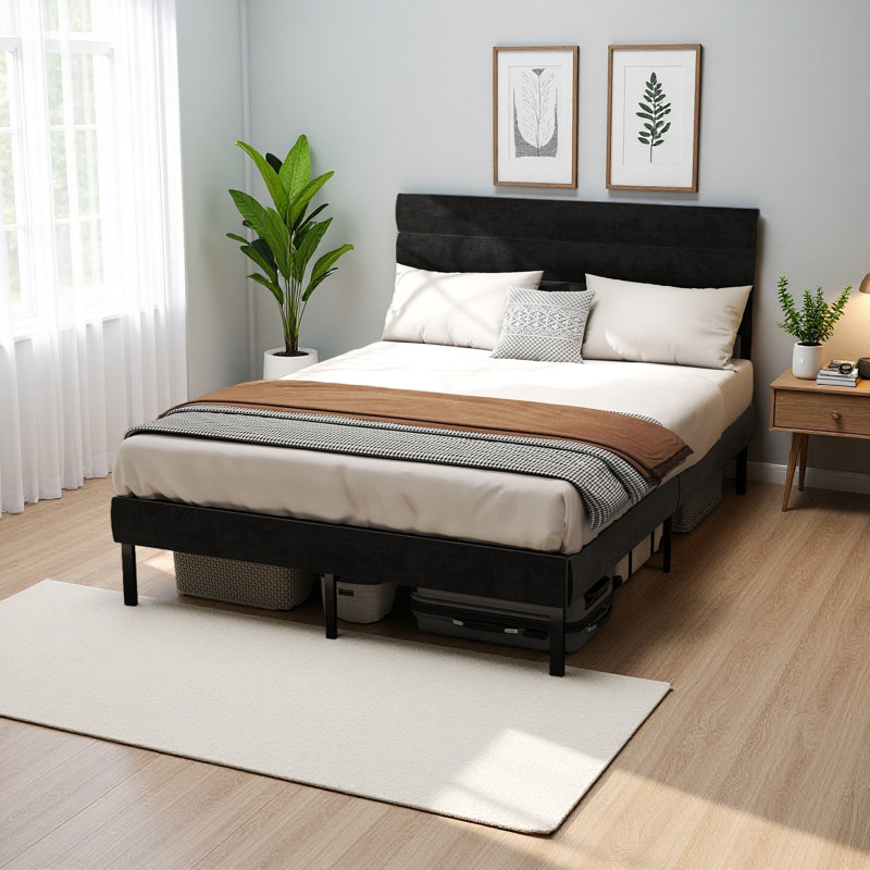 Structure de lit plateforme tapissier - avec tête de lit, aucun sommier nécessaire, rangement sous le lit 14 po, Noir