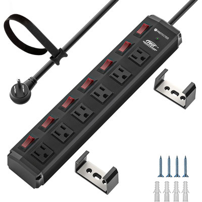 CRST Surge Protector Power Strip Individual Switches 6 Outlets with Dual USB (3.4A), Flat Plug 6FT 14AWG/ 3C Heavy Duty Extension Power Cord, 1200J