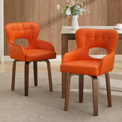 Chaises de salle à manger pivotantes 360 ° Mid-Century orange avec patins réglables, pieds en bois massif