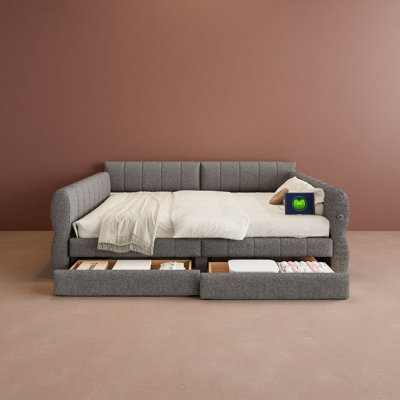 Queen Size Upholstered Platform Bed With USB And 2 Drawers
