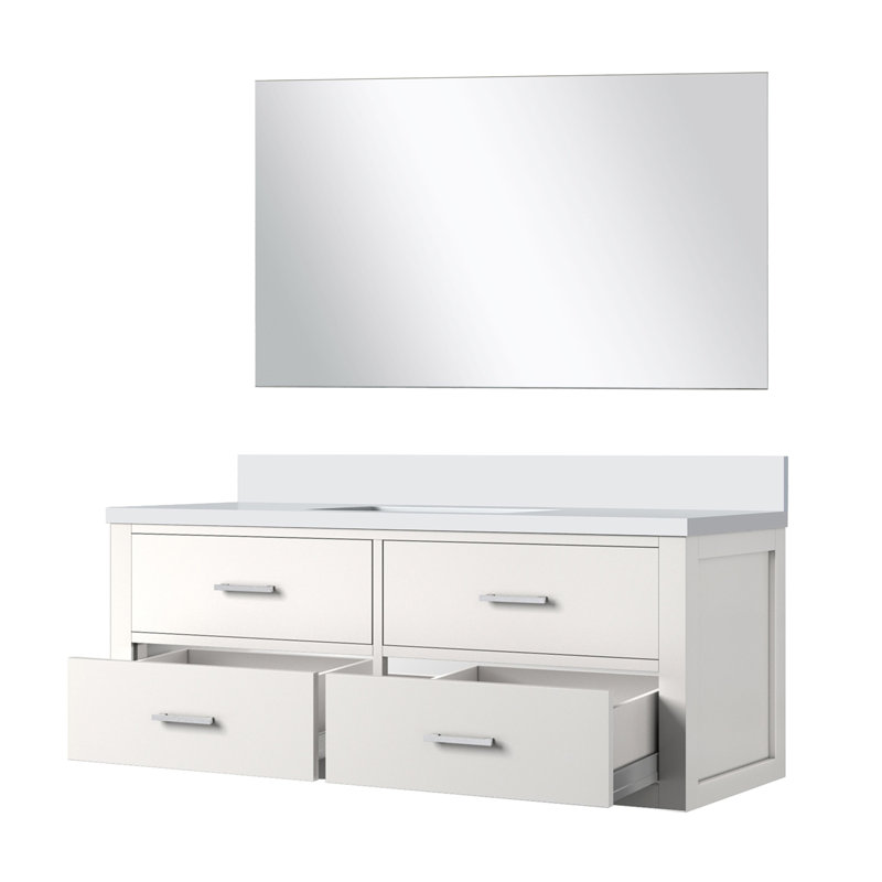 Meuble-lavabo simple blanc l 48 po x P 22 po, comptoir en quartz blanc et miroir de 43 po, White/Silver