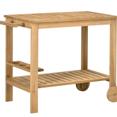 Chariot de service de bar extérieur en bois naturel avec 2 niveaux et fentes pour bouteilles de vin pour le jardin, salle à manger à deux tablettes