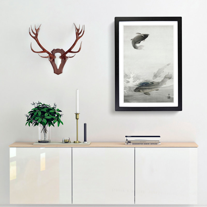 Three Carp Fish by Ohara Koson - Picture Frame Painting Print, 65cm H x 48cm W x 2cm D, Black Framed