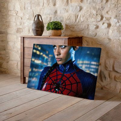 Canvas A Dynamic Close Up Of A Superhero In A Glossy Wall Art Red And Blue Suit Featuring A Prominent Web Pattern And Creating Bold Canvas Wall Art