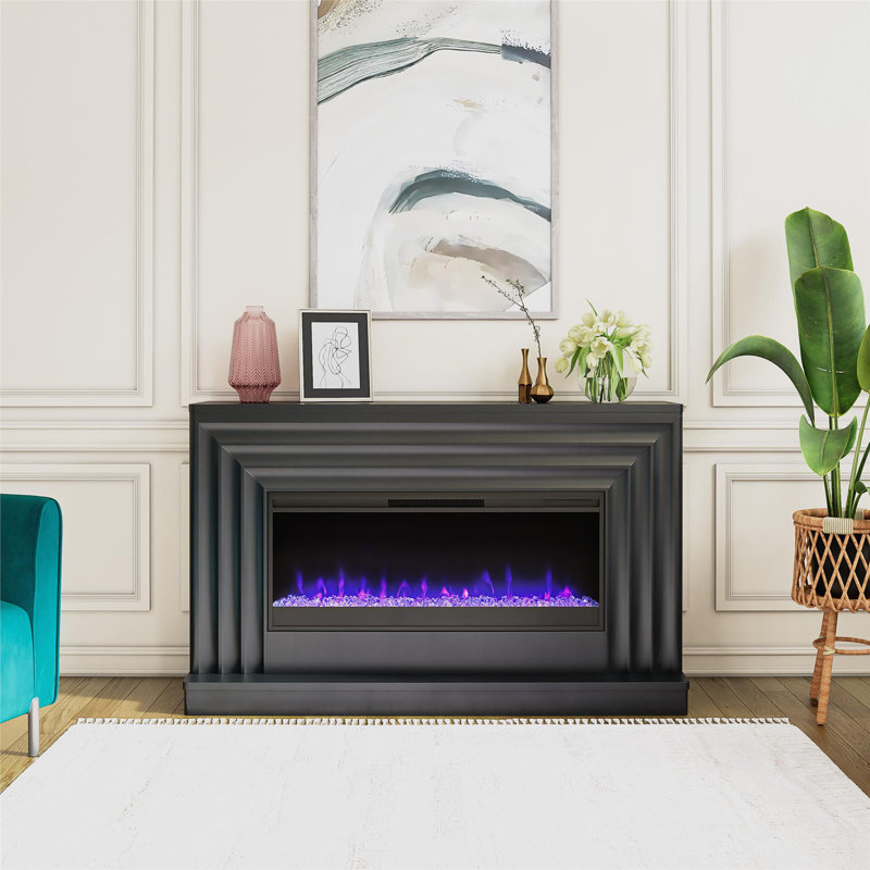 Rene Electric Fireplace Mantel 65" TV Stand with Multi-Color Flame and Crystal Ember Bed, Black