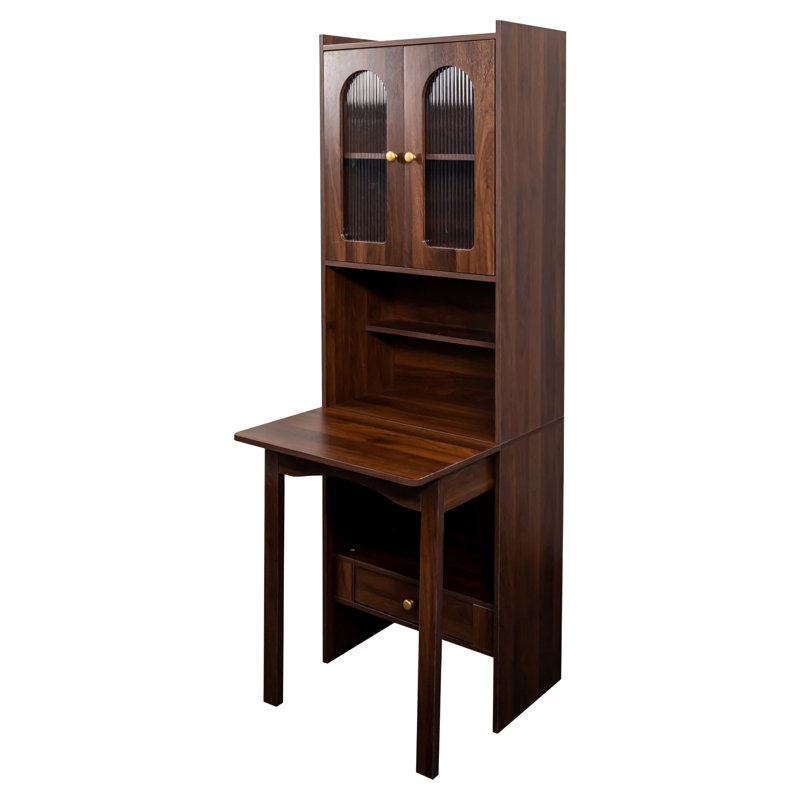 Poste de travail pliable en noyer - Armoire de bureau avec tablette et tiroir pour le rangement de bureau à domicile