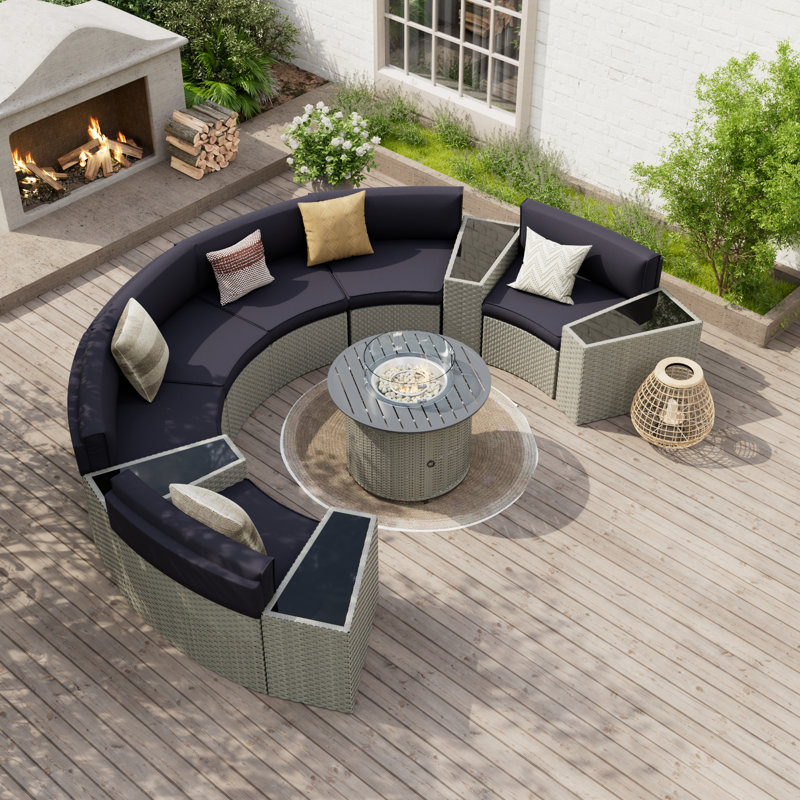 Dartmore Half-Moon 6 - Person Fully Assembled Curved Patio Conversation Set With Fire Pit Table or Coffee Table, Navy