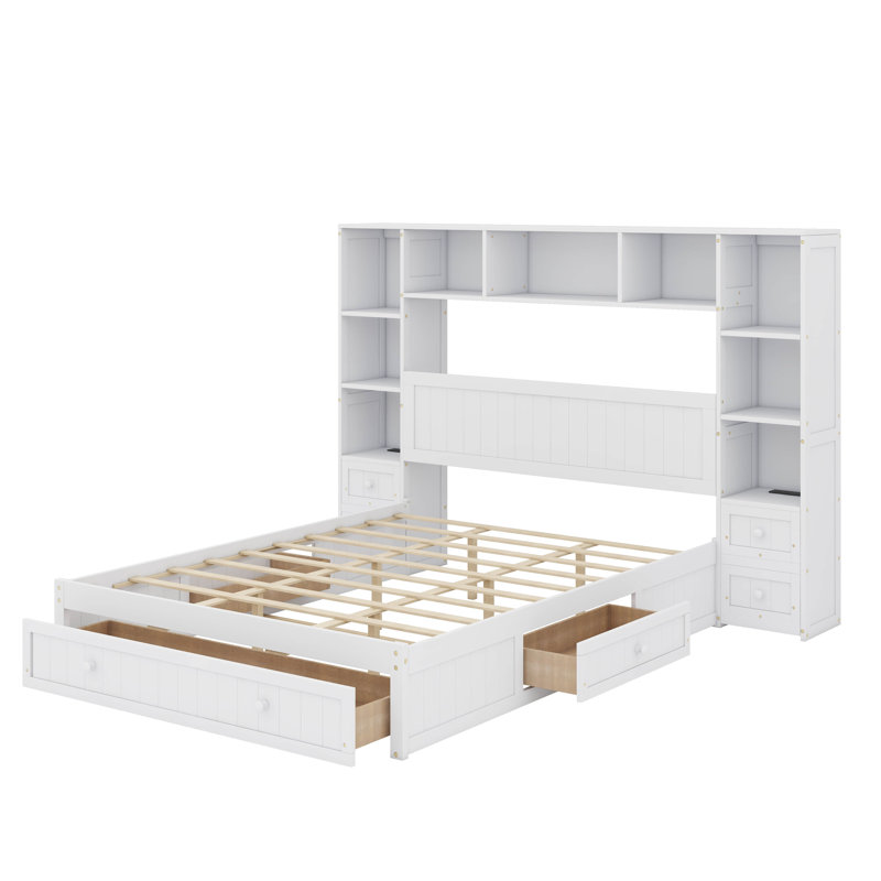 Lit plateforme avec 2 tables de chevet intégrées, une étagère de rangement, une bibliothèque et 3 tiroirs, Grand lit