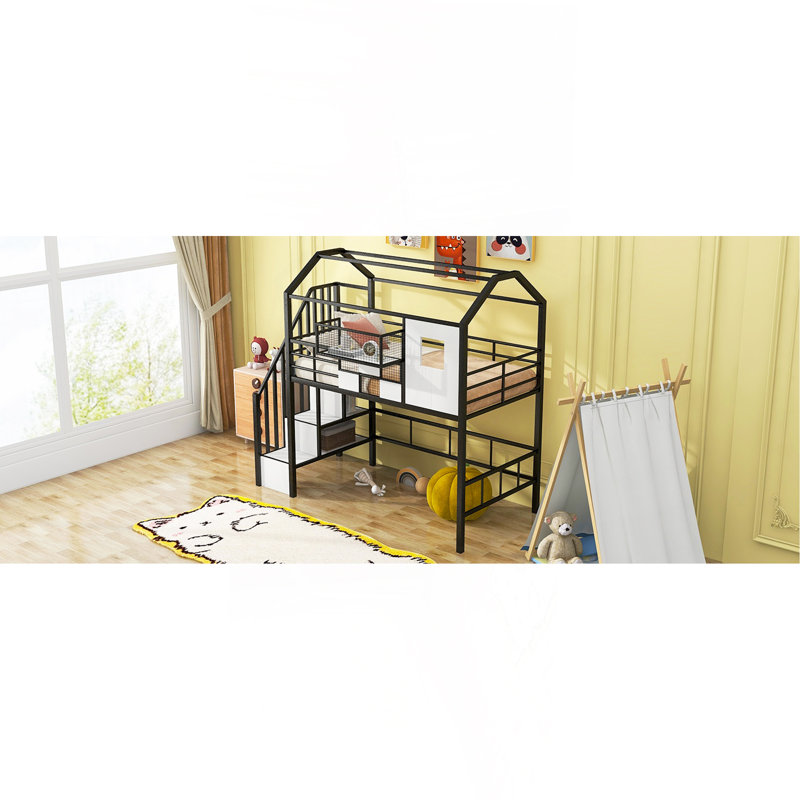 Lit mezzanine en métal avec toit et boîte de rangement