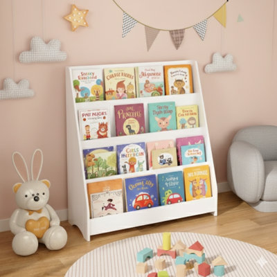 Four-Tier Children's Bookshelf, Toddler Book Display Rack, Helps Maintain Organization In Bedrooms, Playrooms, And Classrooms (White Finish)