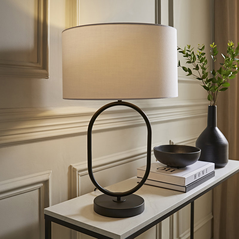 Demetry Metal Table Lamp, Black, White, Cotton / Cotton Blend