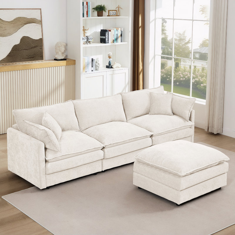 3-Seater Comfy Cloud Couches with Movable Ottoman, Beige