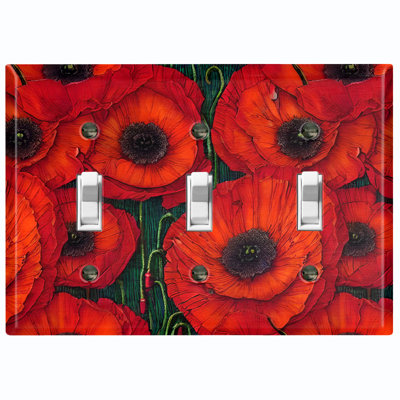 Plaque murale standard à 3 interrupteurs à bascule avec fleurs rouges et feuilles vertes sur le thème de la nature