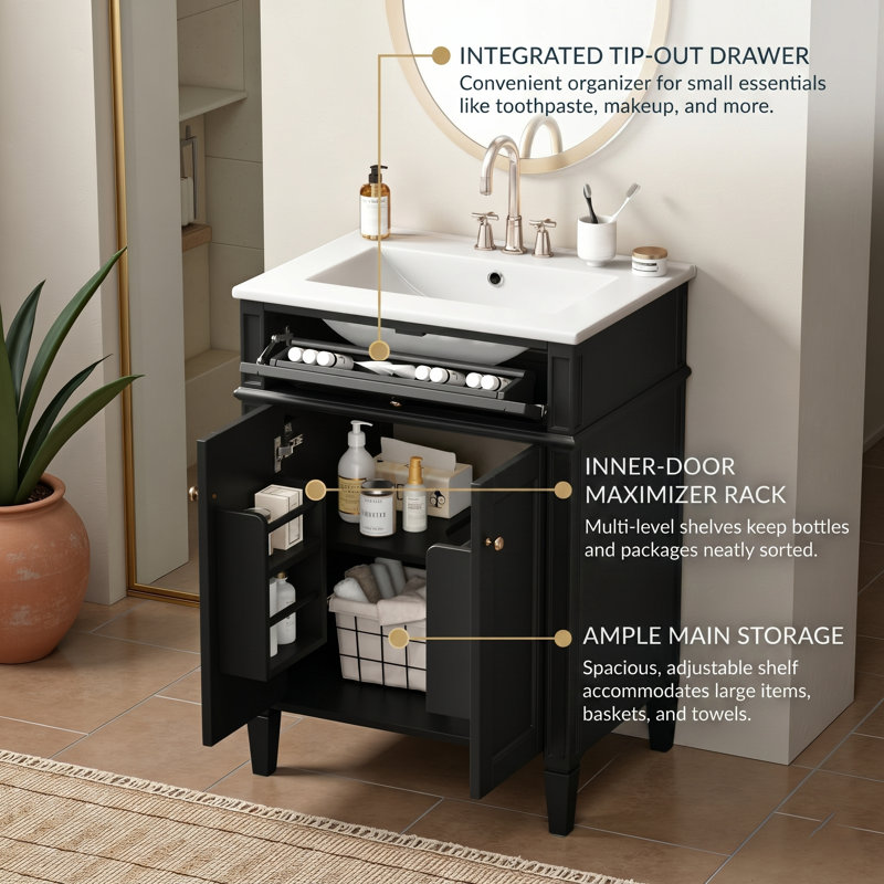 Modern 24" White Freestanding Bathroom Vanity With Ceramic Sink, Tip-Out Drawer & 2 Soft-Close Doors With Organizers, Black