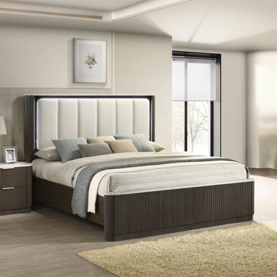 Noyer foncé foncé 1pc très grand lit en similicuir avec meubles de chambre à coucher touffetés en bois