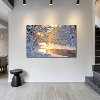«Winter River Wall Art - Snow River Winter, décoration murale, impressions dorées de soleil doré pour le salon, art de paysage d'hiver pour la décoration intérieure, reproduction sur toile tendue, 24 po x 32 po