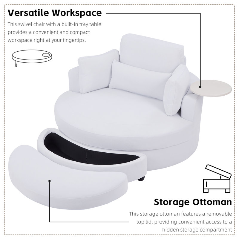 Brendis Upholstered Swivel Barrel Chair with Ottoman, White Corduroy