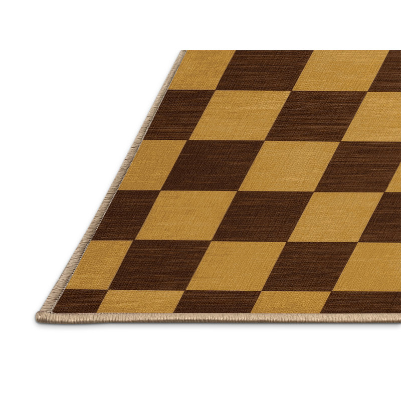 Tapis brun à carreaux lavable à la machine, Rond 5 pi