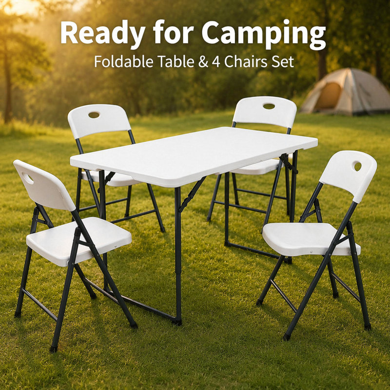 Folding Table 4Ft With 4 White Folding Chair - Heavy Duty Fold-In-Half Plastic Table With Adjustable Height, Portable Utility Tables With Steel Legs For Indoor, Outdoor, Picnic, Camping, Dining, Party