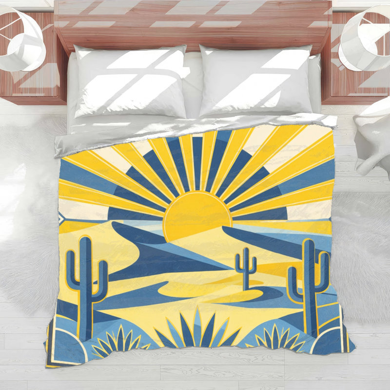 Édredon Desert Landscape Illustration, Queen, Bright Yellow and Navy Blue