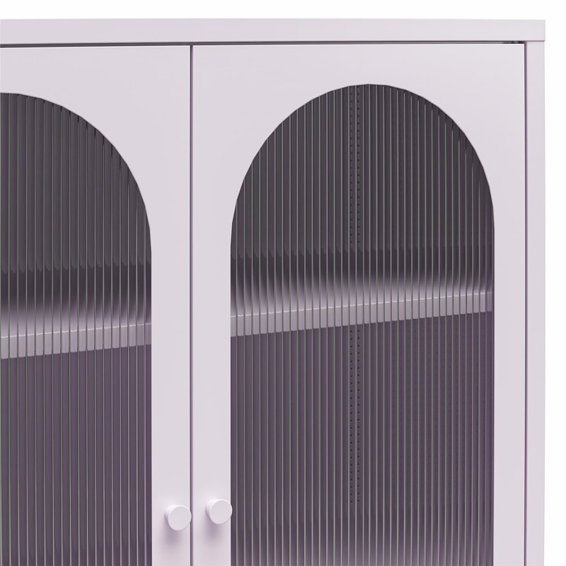 Armoire d'appoint courte à 2 portes, structure en métal avec portes en verre cannelé et tablettes réglables