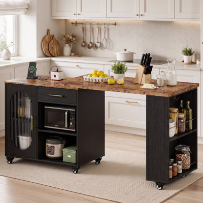 71" Mobile Kitchen Island with Storage, Seating, Power Outlet, 360° Swivel Rustic Brown Top and Adjustable Shelves, Black