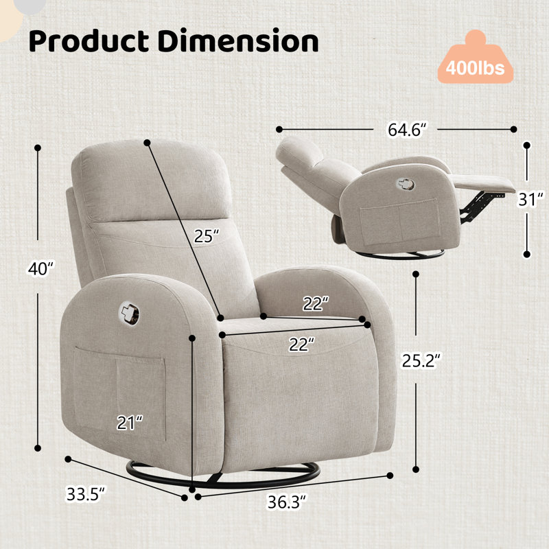 Delba 37"Modern Upholstered Nursery Rocker Recliner,Manual Swivel Glider Recliner with Rounded Armrest and Double Pockets, No