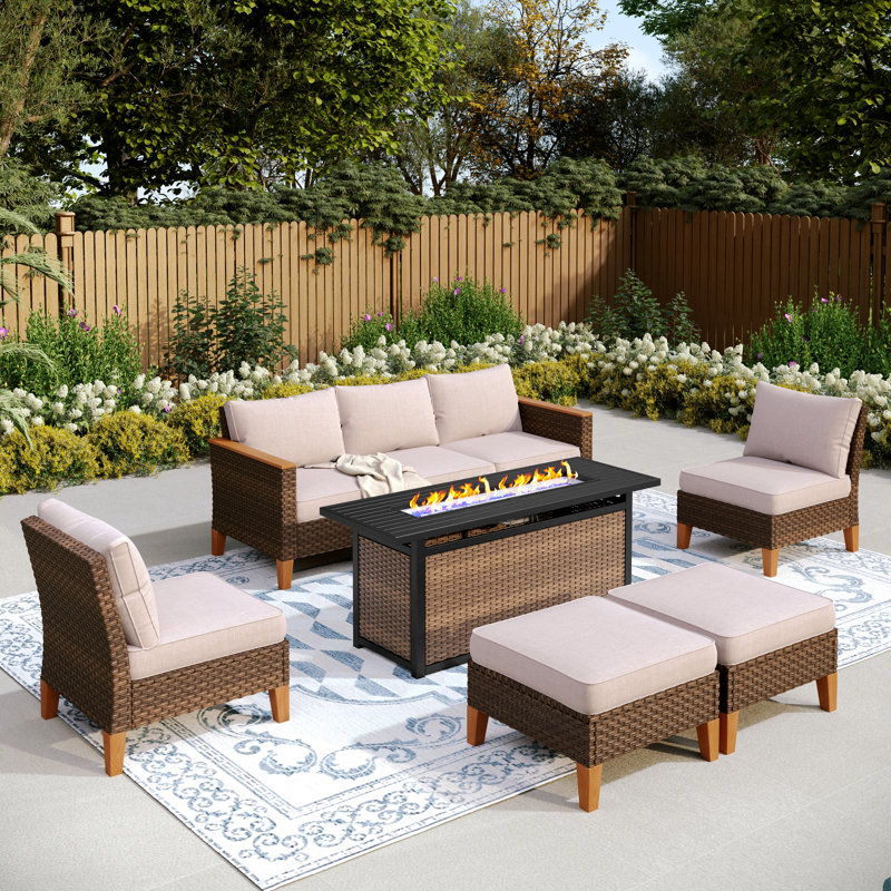 Argyri 7-Piece Wicker Outdoor Patio Furniture Set, Sectional Patio Set with Fire Pit Table, Yes, Beige