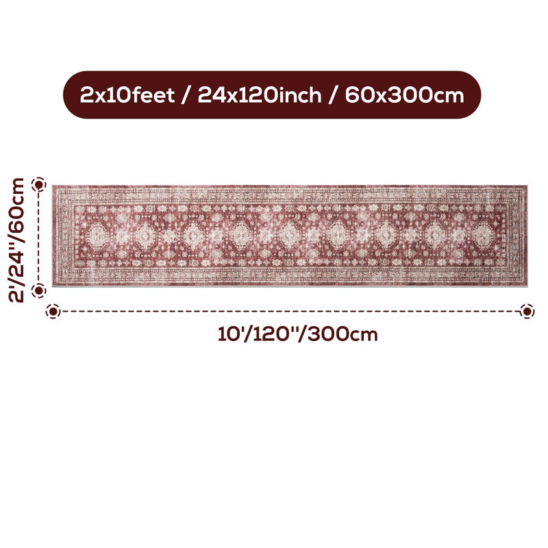 Boho Vintage Washable Indoor Rug - 2'x10', Non-Slip Hallway Runner Rug Entryway Runner, Farmhouse Style, Trendy Distressed Faded Carpet for Bedroom, Kitchen, Laundry, Burgundy