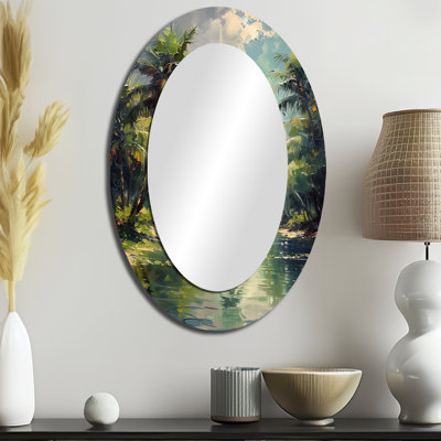Green Palm Trees Serenity I - Tropical Oval Wall Mirror