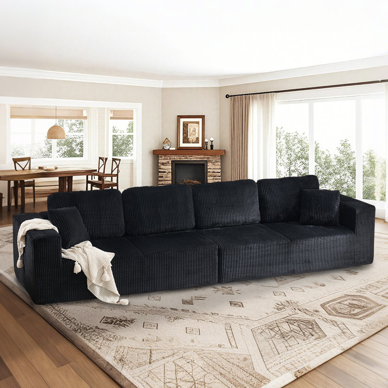 Canapé modulaire rembourré en tissu 144 po, Velours côtelé noir