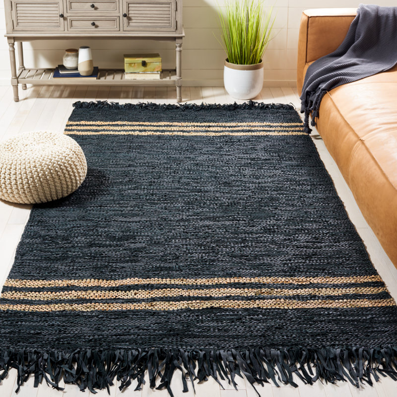 Tapis rayé en cuir / coton Lae Vintage, Rectangulaire 3 pi x 5 pi