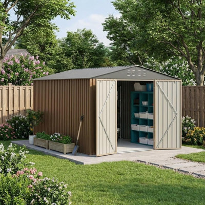 Remise de rangement extérieure en métal 8 x 12 pi avec structure robuste, toit incliné, ventilation et porte verrouillable pour les outils