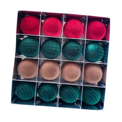 16pcs/box Flocked Christmas Tree Ball Set Velvet Christmas Pendant Ornaments Xmas Tree Hanging Balls New Year Party Plush Balls Decor 6cm/2.36inch,e
