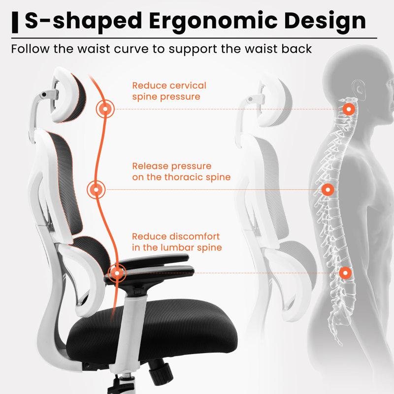 Comfy Breathable Ergonomic Task Chair with Headrest, White