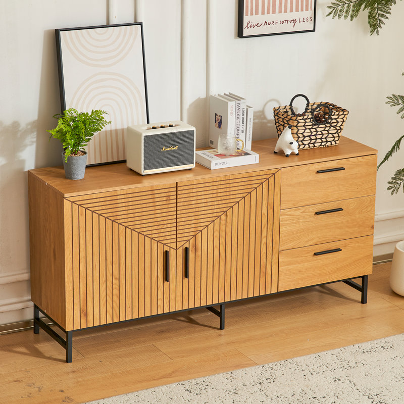 Mid-Century Modern  Wood 61" W 2-Door  Sideboard Buffet TV Stand with 3 Drawers, Natural