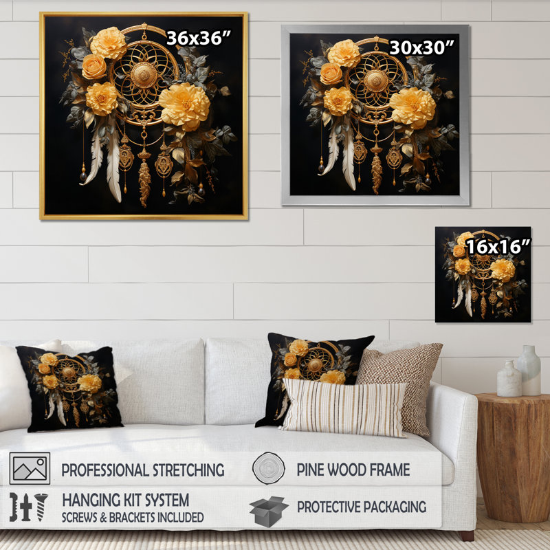 Yellow Dream Catcher Gilded Dreams - Landscapes Wall Decor, H 24 po x l 24 po x P 1 po, Cadre flottant noir