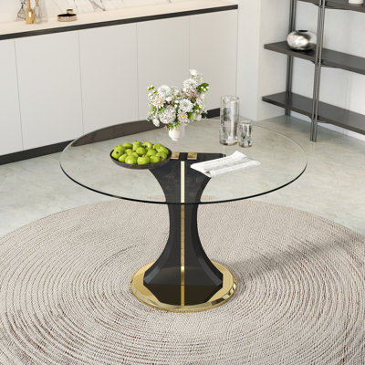 Table de salle à manger sur pied ronde en verre trempé de 47,2 po, table de salle à manger en verre transparent avec base stable pour la salle à manger, le coin-repas et le bureau personnel