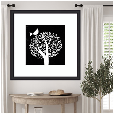 Black and White Bird Tree Linocut by Giuliana Lazzerini Framed Wall Art Print