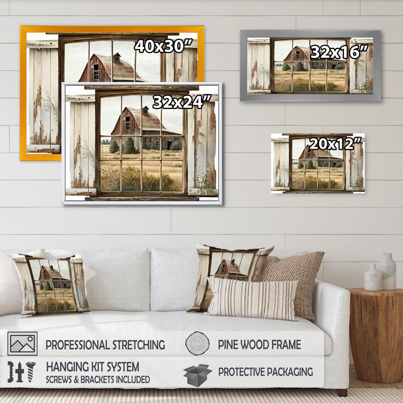 Window View to Farm II - Farmhouse wall art, Farm canvas art, Black Single Picture Framed, 30" H x 40" W x 1.5" D