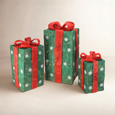 3-Piece Lighted Tall Green Gift Box Set