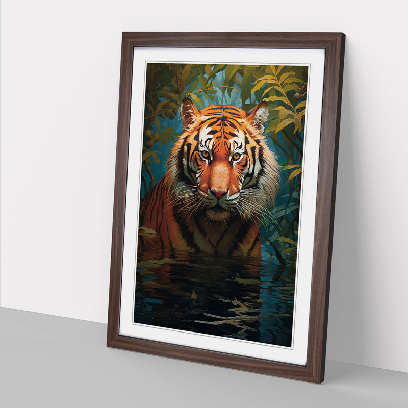 XYZ-FRM-V1223-6164 Tiger Informel - Single Picture Frame Print on Wood, Walnut , 46cm H x 34cm W x 2cm D