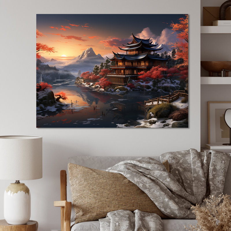 «Asian Snow Landscape Temple Serenity I - China», art mural, Toile tendue, H 30 po x l 40 po x P 1,5 po