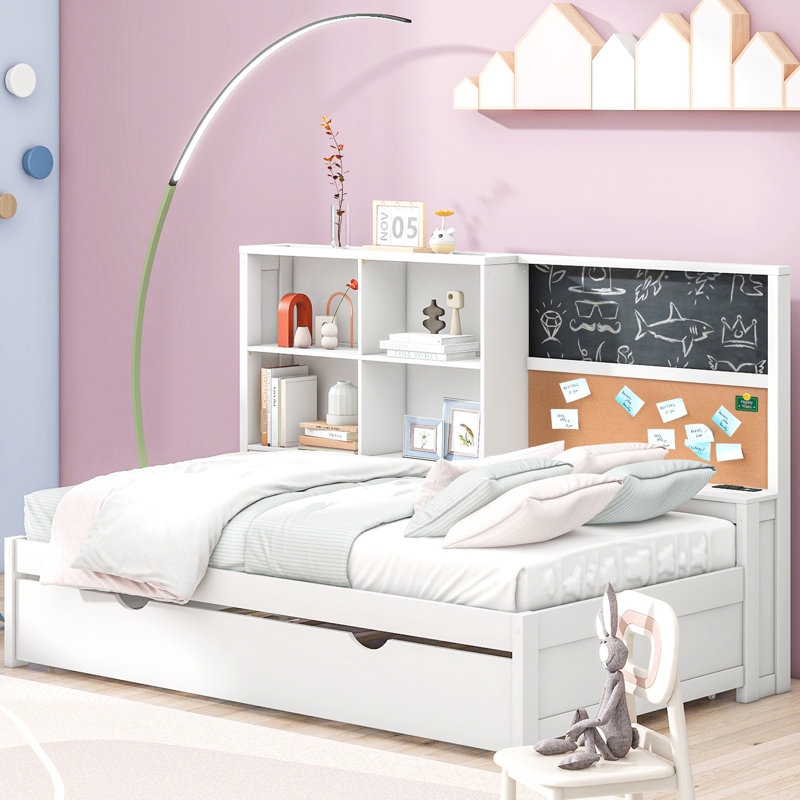 Twin Size Daybed In White With Storage Space, Blackboard, Cork Board, Ports And Trundle - Wood Construction Ports, Board