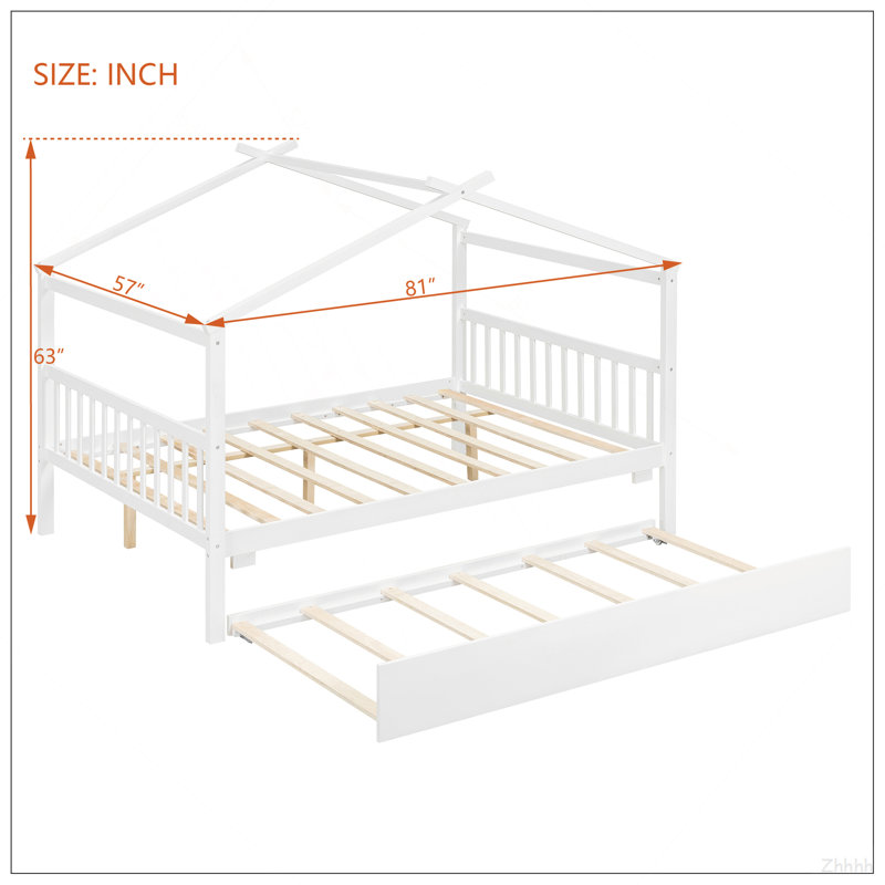 Lit double en bois avec lit gigogne simple, blanc, Full, White