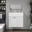 Meuble-lavabo mural flottant de 21,8 po avec lavabo en céramique, tiroir à fermeture en douceur, tablette réglable et porte-papier hygiénique, armoire moderne en bois aggloméré avec poignées argentées-67779955