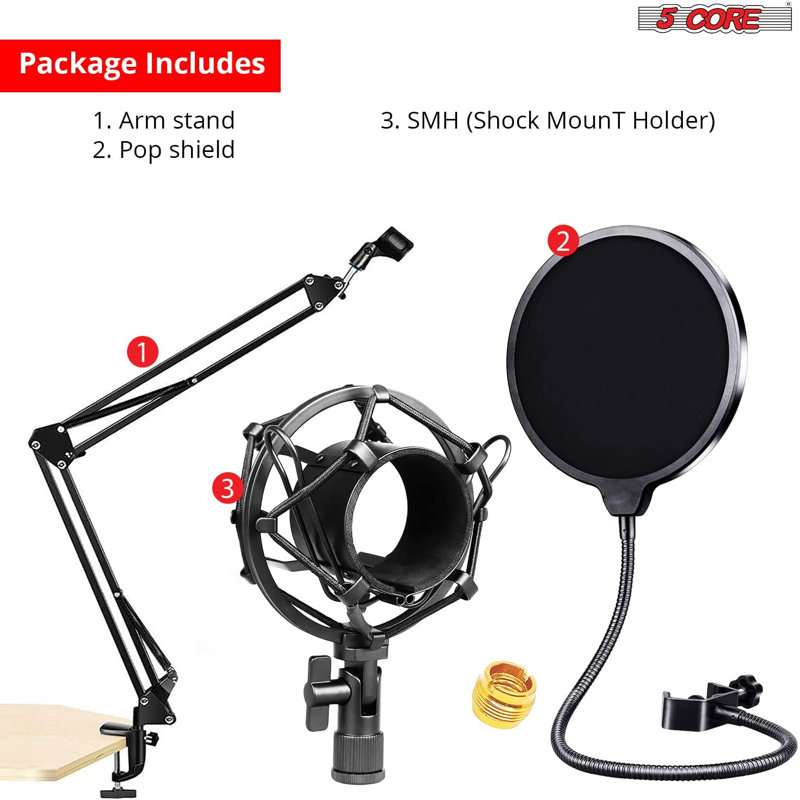 Support à micro 5 branches à double accoudoir robuste avec support pour filtre anti-pop professionnel
