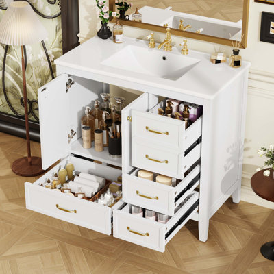 Meuble-lavabo autoportant de 36 po avec lavabo, armoire avec porte à fermeture douce et 4 tiroirs de différentes tailles, structure et pieds en bois massif, livrée en deux ensembles (même SKU: N759P293646K)